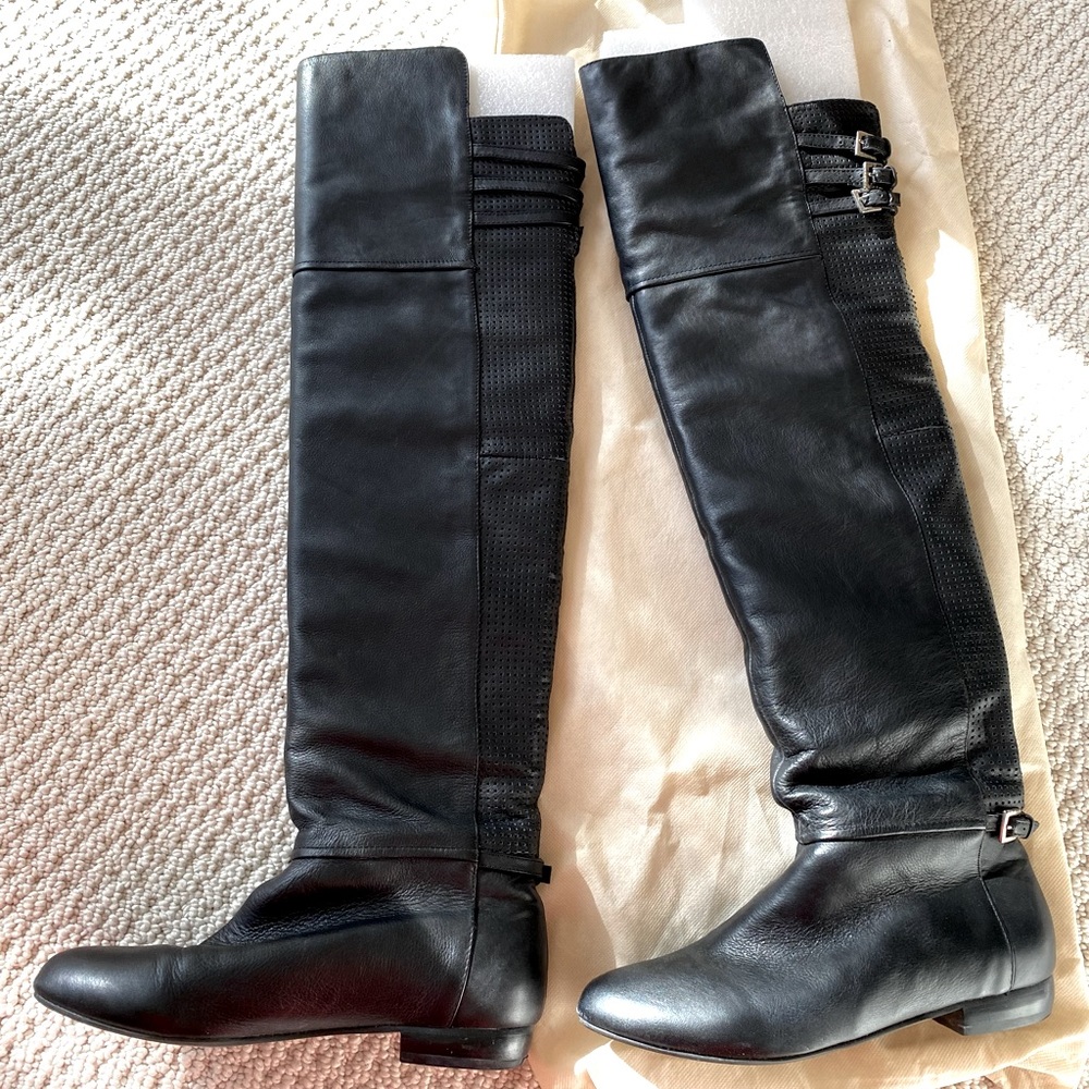 Aee Leather Over The Knee flat heel Boots black Pull on women size 6
